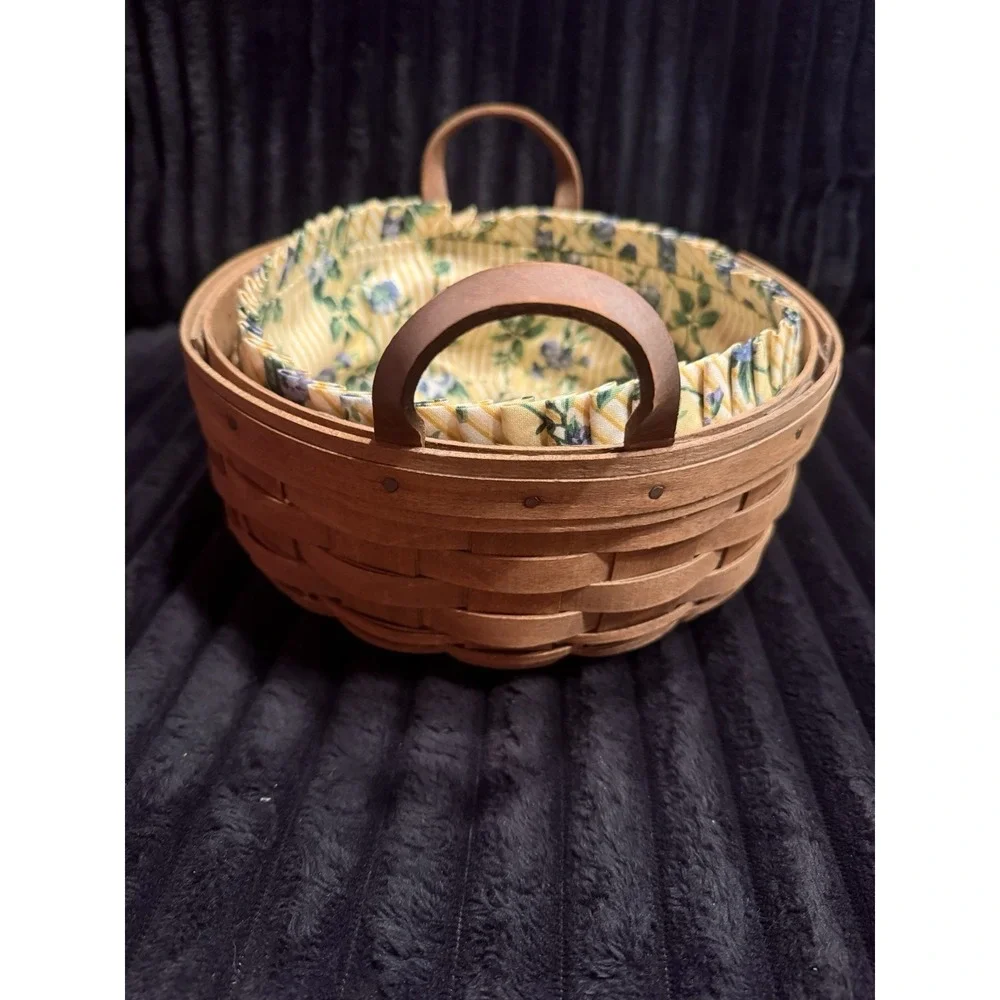 LongabergerBasket with Floral Liner Leather Handles‎ Vintage 1986 Signed